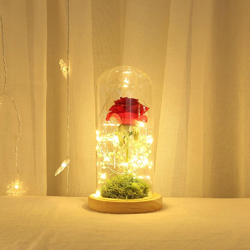 Artificial Eternal Rose LED Light Beauty The Beast Rose Flower In Glass Dome Wooden Base For Decorate Valentine's Day