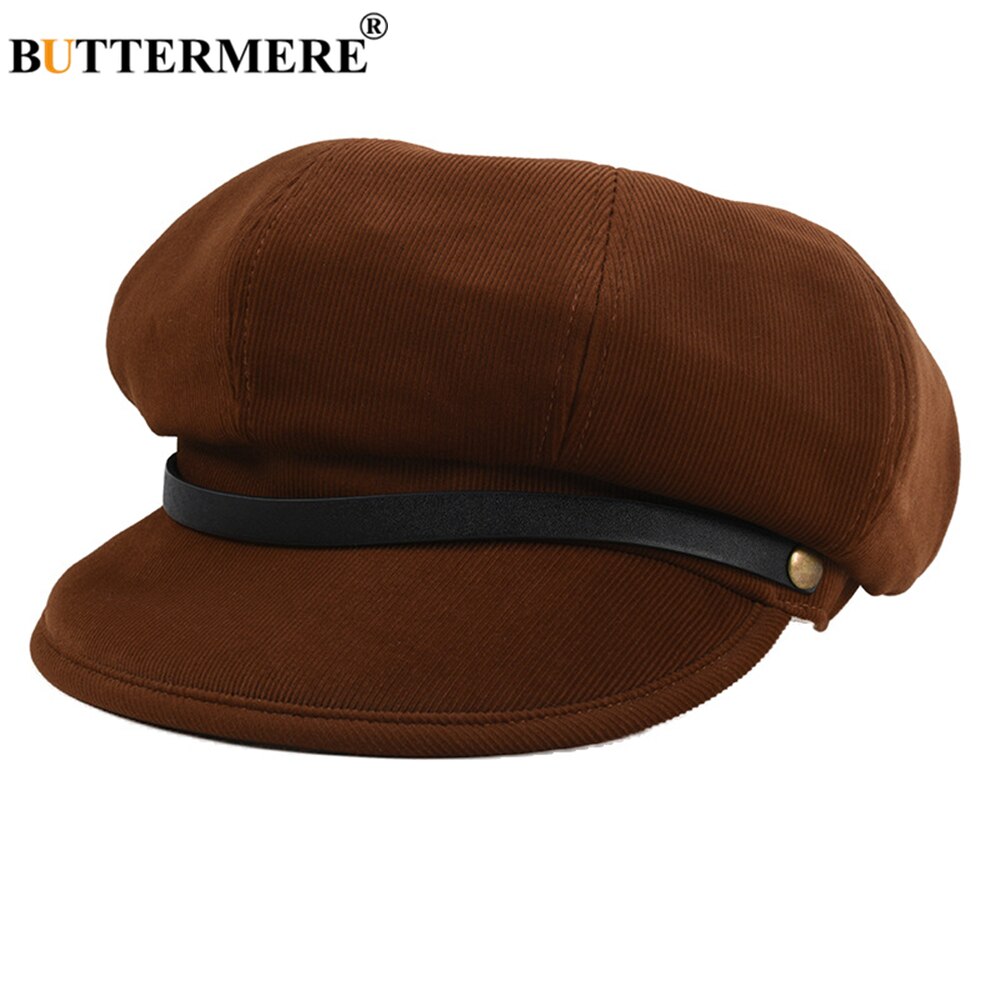 Buttermere fløjlsbuks aviskøs kasket kvinder baret britisk stil solid mørkebrun gul sort orange dame ottekantet kasket