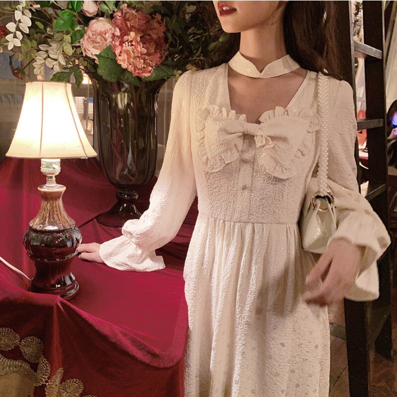 Franse feeënjurk lolita herfst japanse zachte meisjes schattige strik geplooide jurk missy retro victoriaanse middeleeuwse prinsessenjurk