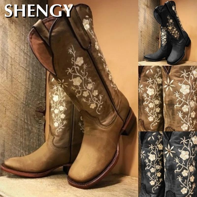 Nouvelle femmes bottes fleurs brodées Western bottes Cowgirl bottines femmes genou haute équitation Vintage bottes de plein air