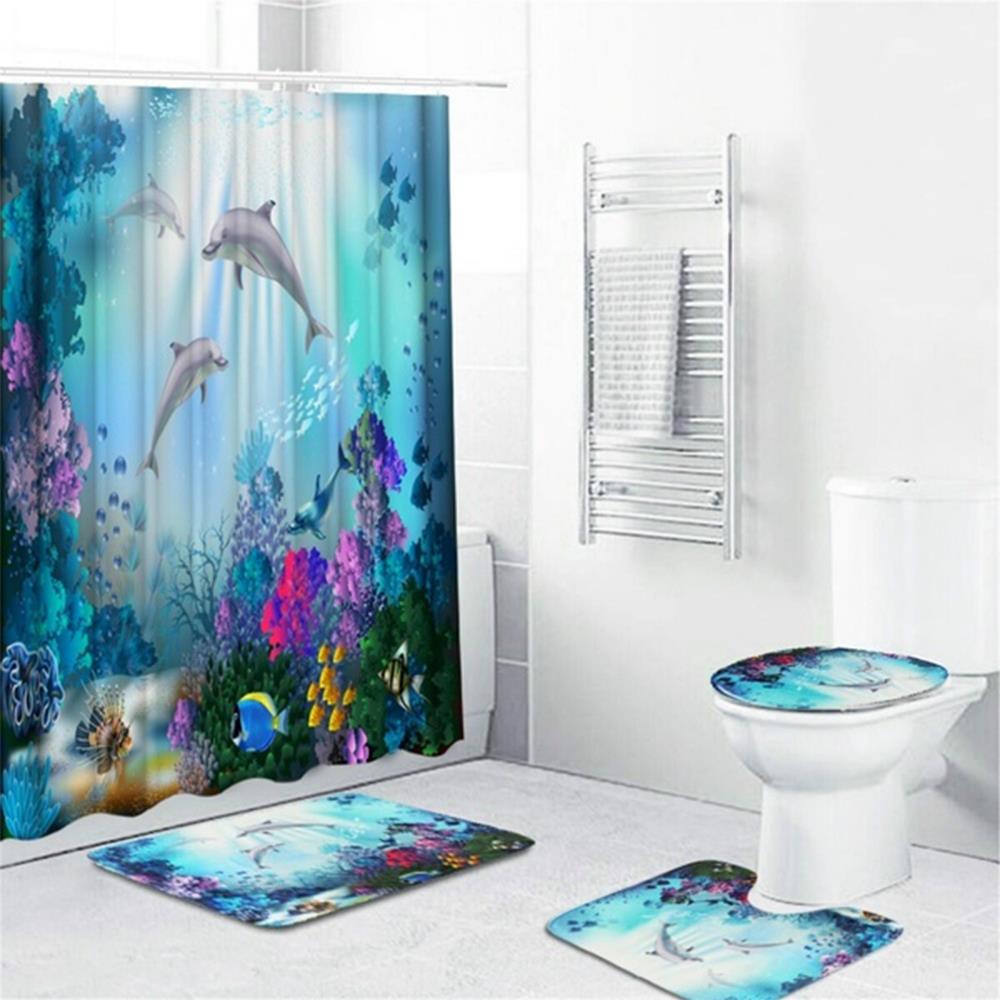 Ocean Dolphin Toilet Seat Waterproof Shower Curtain Set Toilet Cover Non-Slip Comfortable Bathroom Mat Bath Decoration