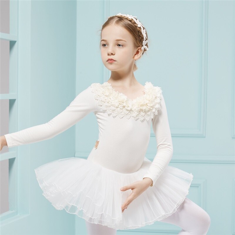 Gekämmte Baumwolle Ballett Kleid Ballettröckchen Ballett Danse für Mädchen freundlicher freundlicher Lange Ärmel Tüll tanzen: Weiß / 130-140 cm