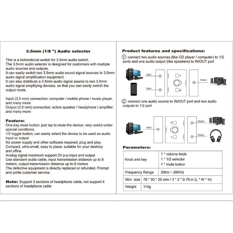 Commutateur de casque d&#39;écoute 3.5mm, commutateur bidirectionnel, amplificateur 1 en 2 sorties/2 en 1