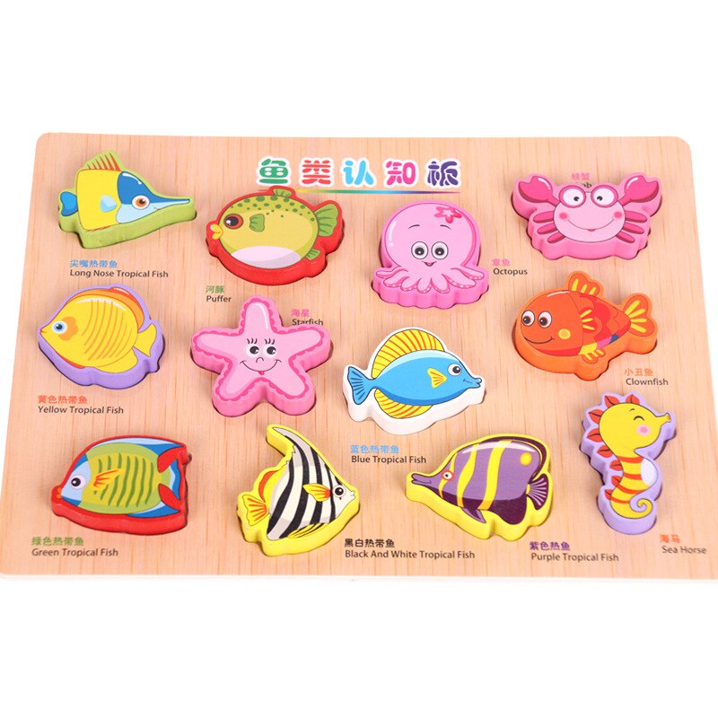 Children Wooden Jigsaw Puzzle Animal Traffic Cognitive Hand-grabbing Baby Board: fish