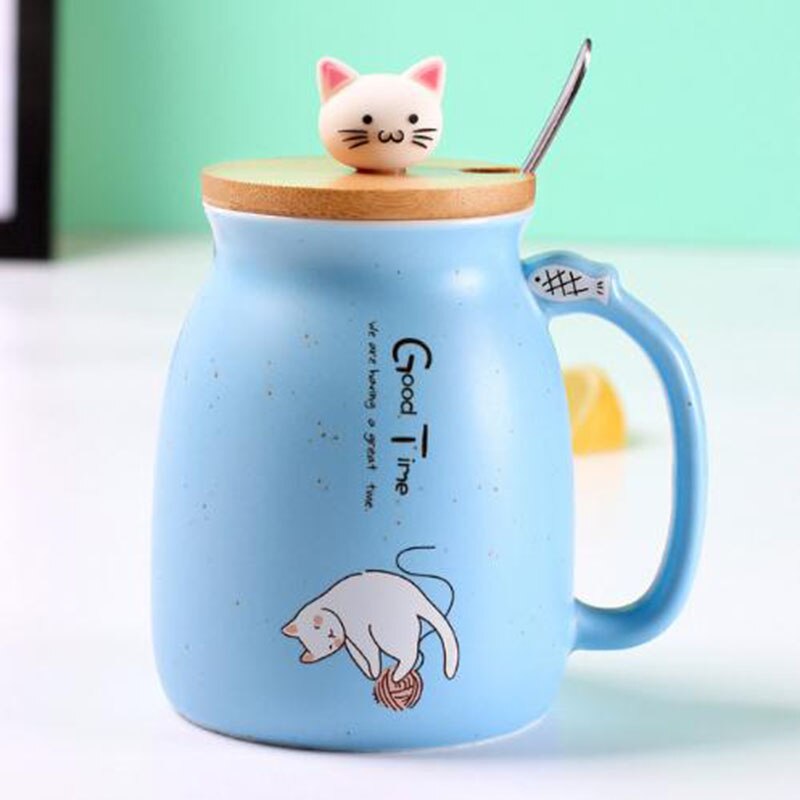 BAISPO-taza de gato con tapa, Taza de cerámica portátil, taza para café o leche, de oficina para niños, taza creativa con cuchara y tapa ecológica: blue