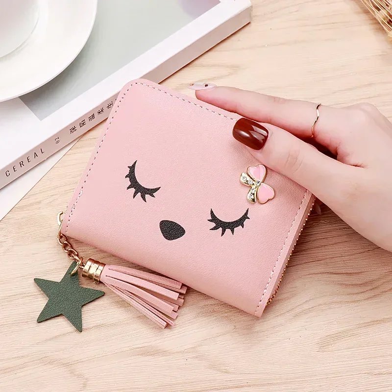 Women Wallet Ladies Mini Small Short Tassel Wallet Cute Girl Zipper Pu Leather Coin Purse Female Hand Wallet Purse: Beige