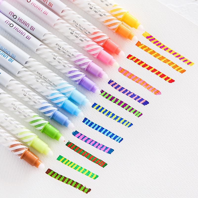 12 stuks Double Head Magic Verkleuring Pen Markeerstiften Art Marker Pennen Pastel Vloeibare Markers Water Kleur Brush Pen Tekening