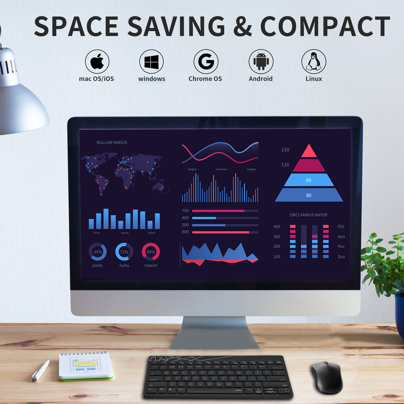 RAPOO K800 2.4G Wireless Keyboard Silent Mini Compact Keyboards for Computer Desktop PC Laptop Travel Business Plug and Go