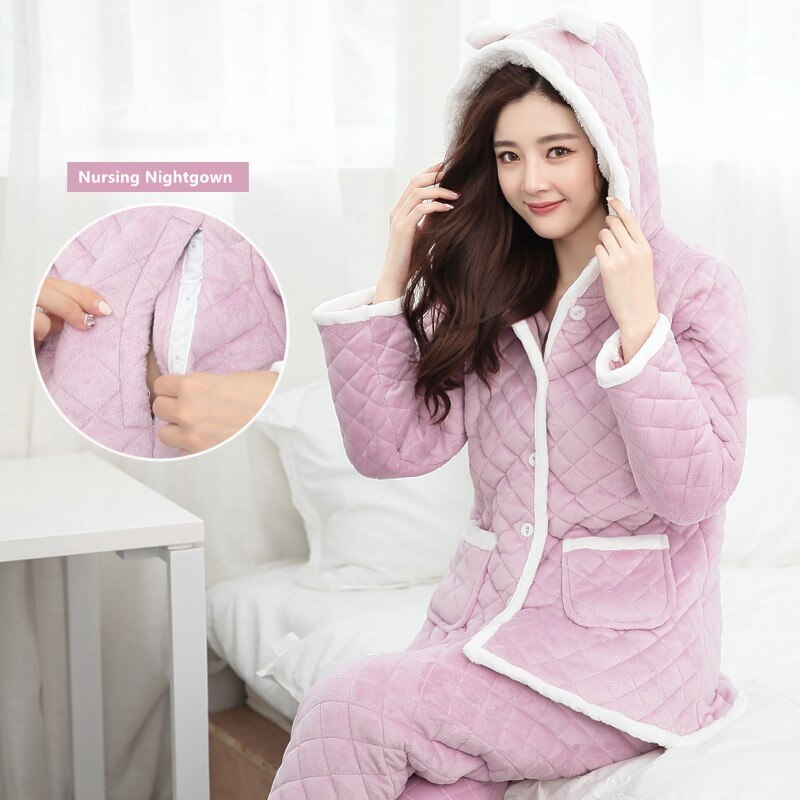 Gravid natttøy til amming koreansk høst vinter fortykket flanell cardigan ammeklær gravid pyjamas dress