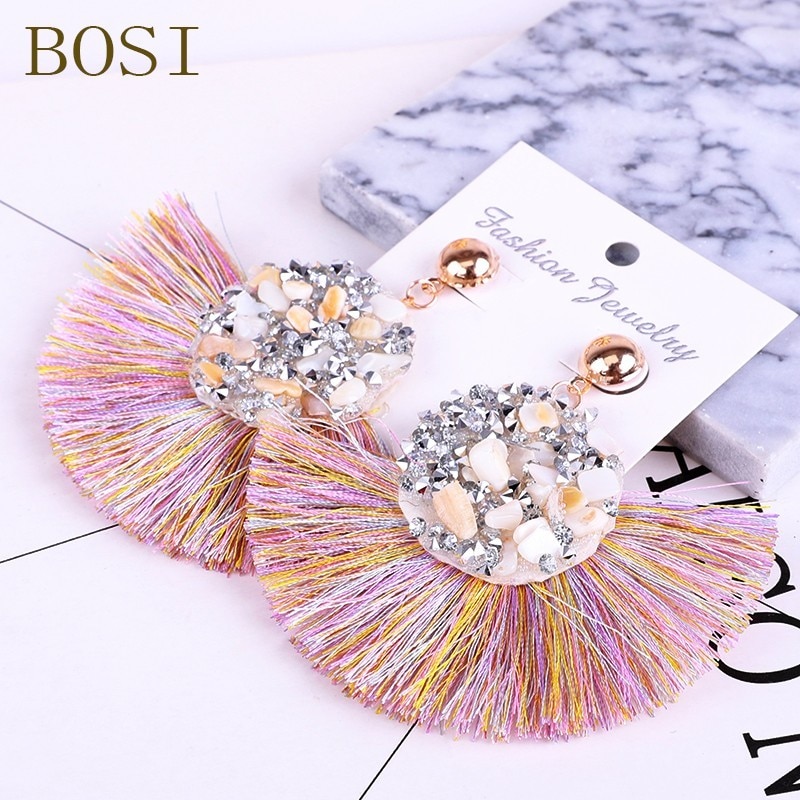 Tassel Earrings Bohemian Crystal Handmade Women Statement Luxury Long Earring jewelry Geometric Fringe Big stone