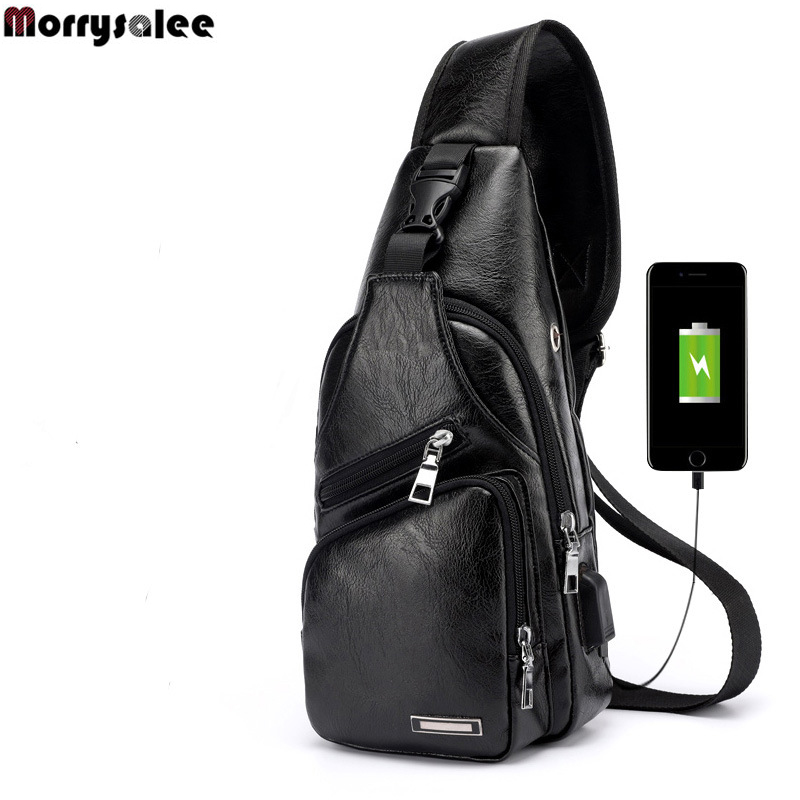 Men's Crossbody Bags Men's USB Chest Bag Messenger bag Leather Shoulder Bags Diagonal Package Back Pack Travel: Black