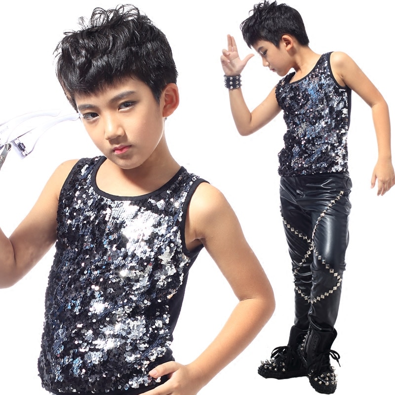 Trajes de Jazz para niños, chaleco con lentejuelas, Top, traje de chico de Hip Hop, ropa de actuación de baile, ropa de baile callejero, DNV10055