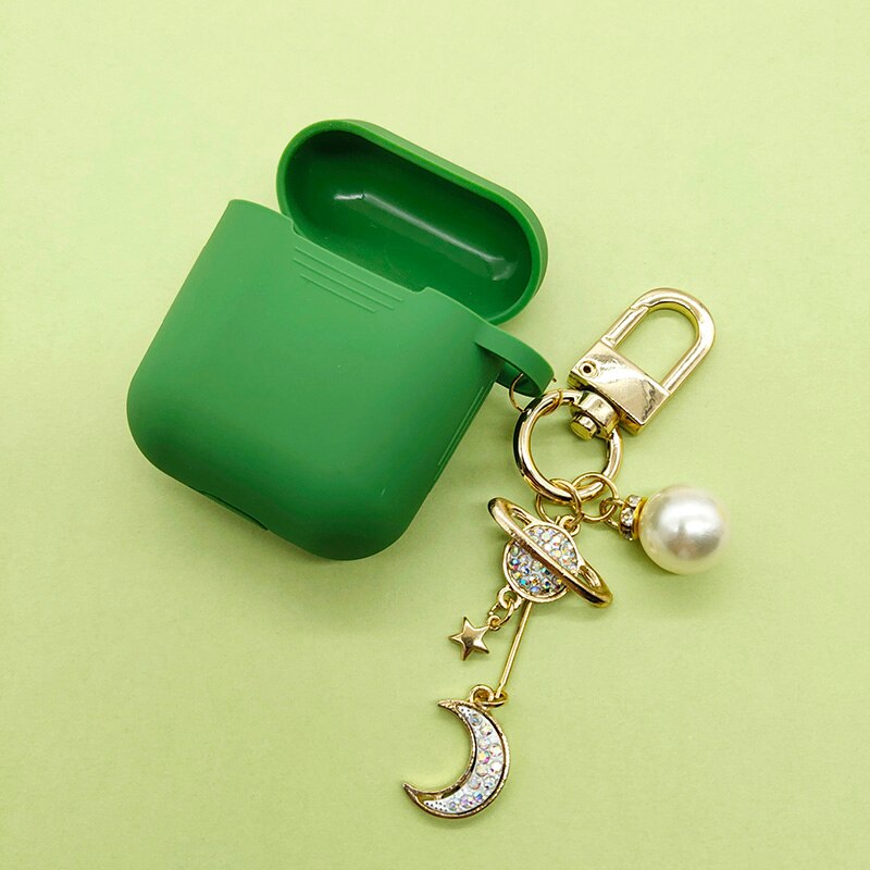 Luxury Diamond Moon Silicone Case for Apple Airpods Case Accessories Bluetooth Earphone Headphones Protect Cover Pearl Key Ring: Green