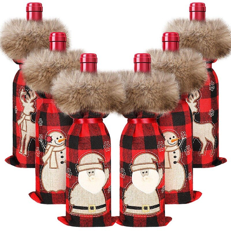 6 stykker julebøffel plaid vinflaske betræk dekorativ vinflaske sweater med faux pels krave holder poser