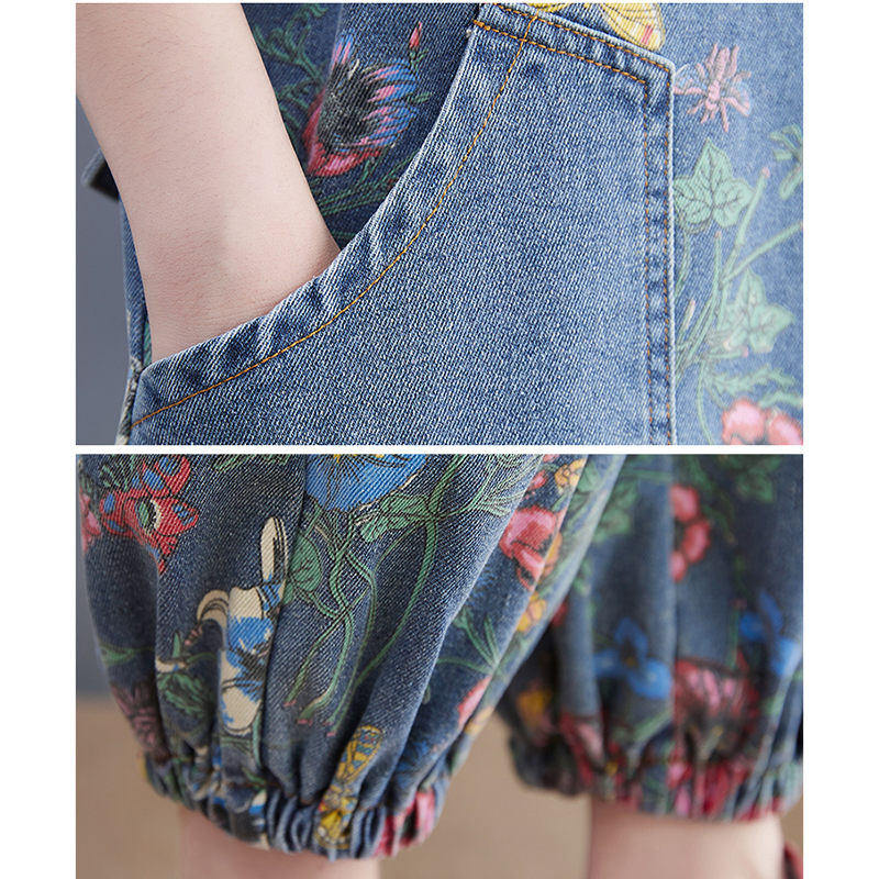 Streetwear-tryck blommiga denimoveraller för kvinnor dungarees axelband baggy sparkbyxor lösa jeans med vida ben jumpsuit