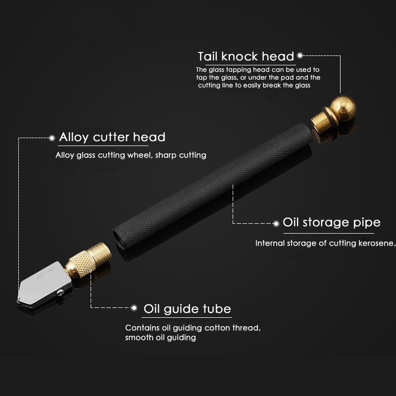 Glass Cutter non-slip metal handle Pencil Style Oil Feed Alloy Tip Cutting Tool diamond cutting head, steel blade cutting tool