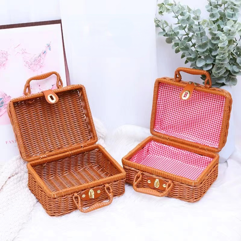 Paniers en rotin PP rétro, panier de rangement pour pique-nique, valise WUNICEF avec boîte à la main, boîte de rangement cosmétique tissée, rangement d'organisation