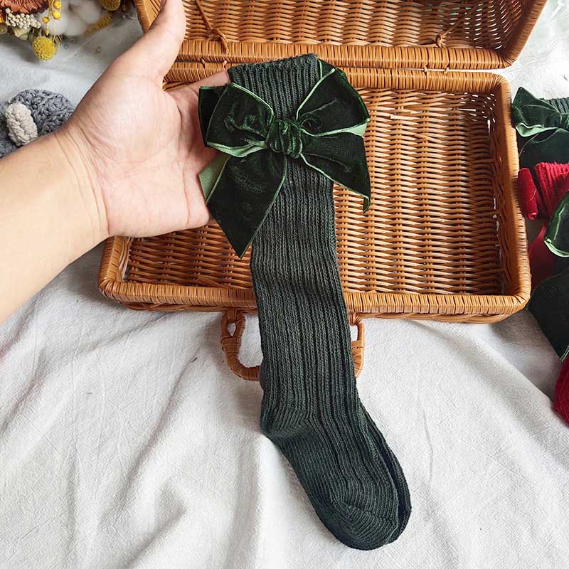 Calcetines de bebé de invierno con lazo grande, medias de Navidad rojas y verdes para niñas, suaves y cálidos hasta la rodilla, para niños: Green / 0-1Y