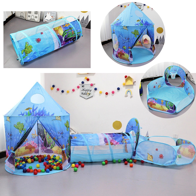 3 Stks/set Kids Tent Huis Spelen Speelgoed Kind Tunnel Kinderen Kruipen Tunnel Portable Schieten Oceaan Zwembad Pit Toy Blauw Cartoon tent