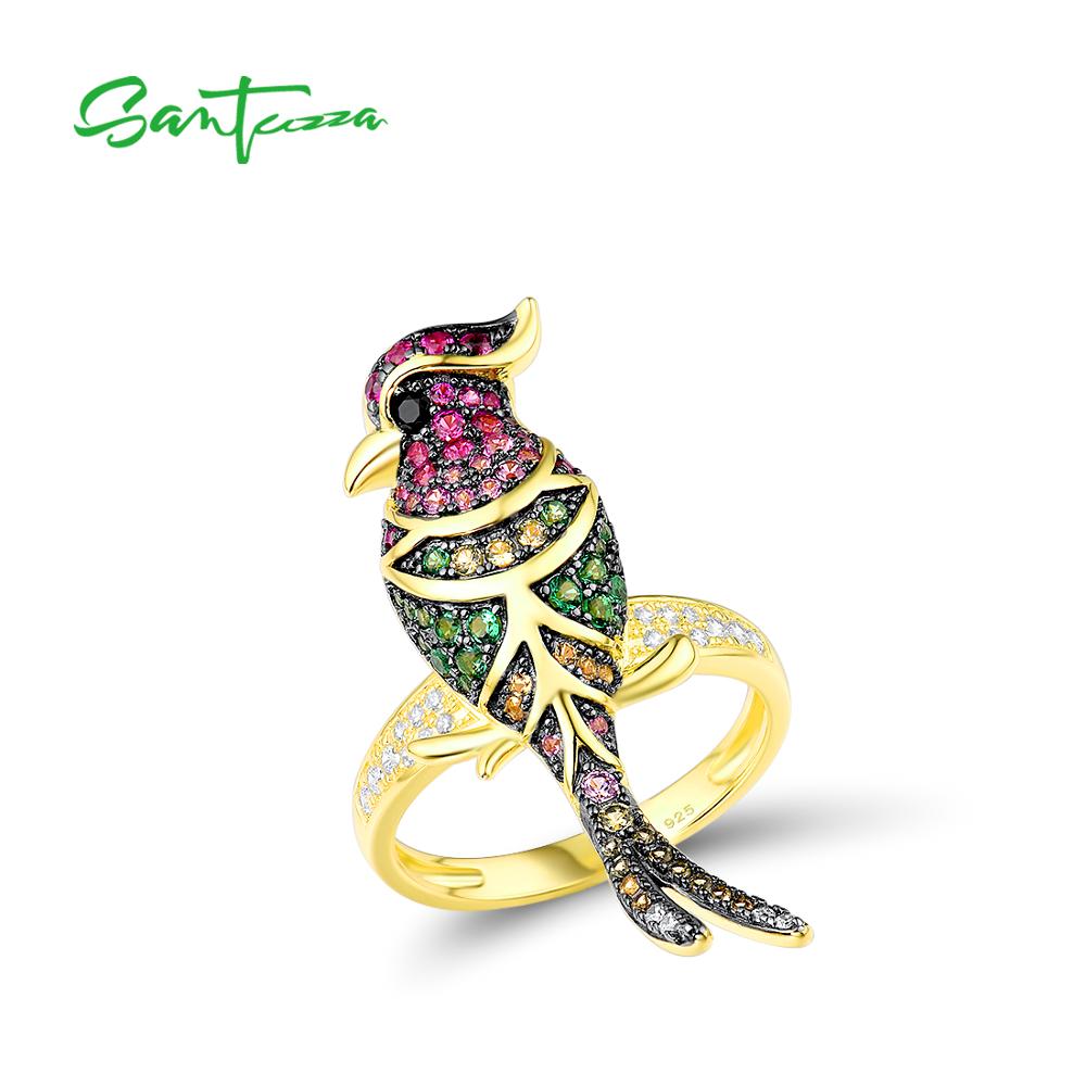 SANTUZZA Silver Rings For Women Authentic 925 Sterling Silver Gold Color Lovely Bird Sparkling Colorful Stones Fine Jewelry