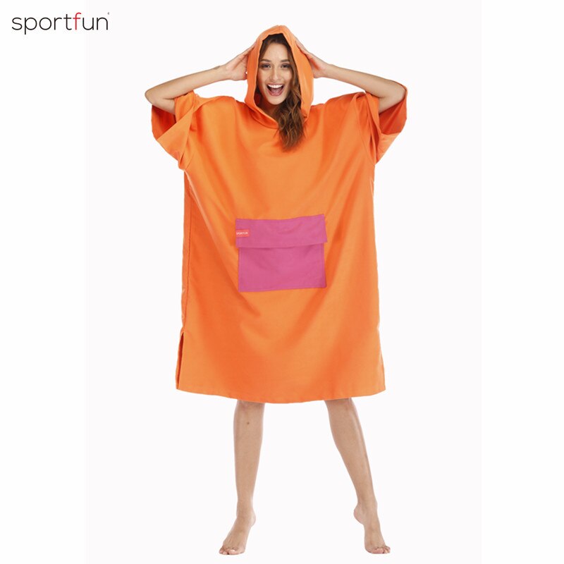 Microfiber Wetsuit Changing Robe Poncho with hood Quick Dry Hooded Towels for Swim Beach Surf Poncho Compact Lightweight: sun bright orange