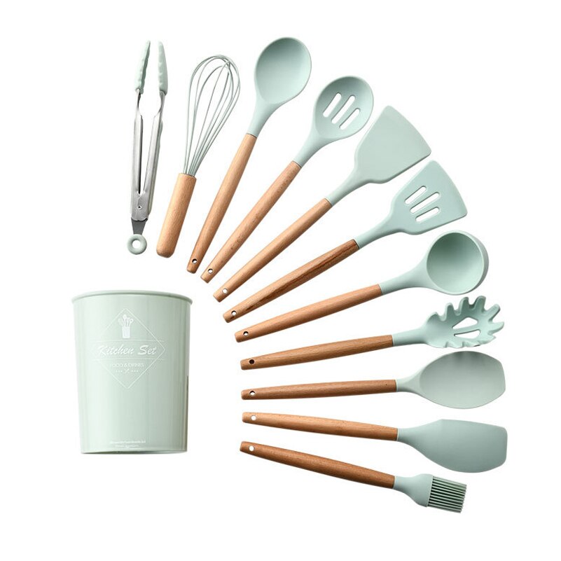 12pcs Kitchen Utensil Set Silicone Cooking Tools Household Wooden Koken Gereedschap Met Opbergdoos Turner Tang Spatel Turner: green 12PCS