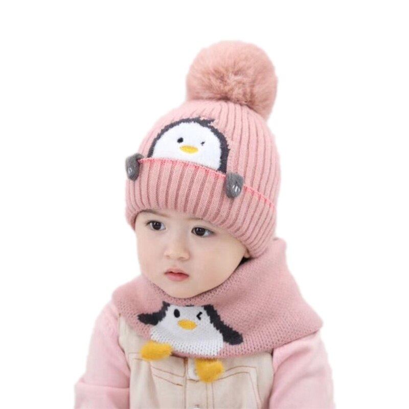 X5QF-gorro tejido de punto para bebé, bufanda de dos piezas, gorros para niños, gorros cálidos con solapa para las orejas, protección para las orejas para niños: Pink
