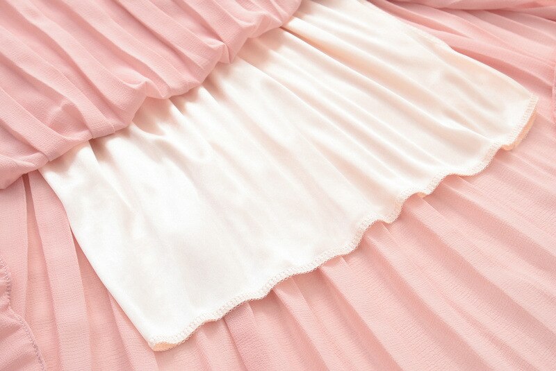 Spring and Summer Skirt College Wind High Waist Chiffon Pleated Skirt Elastic Waist Pleated Midi Long Skirt