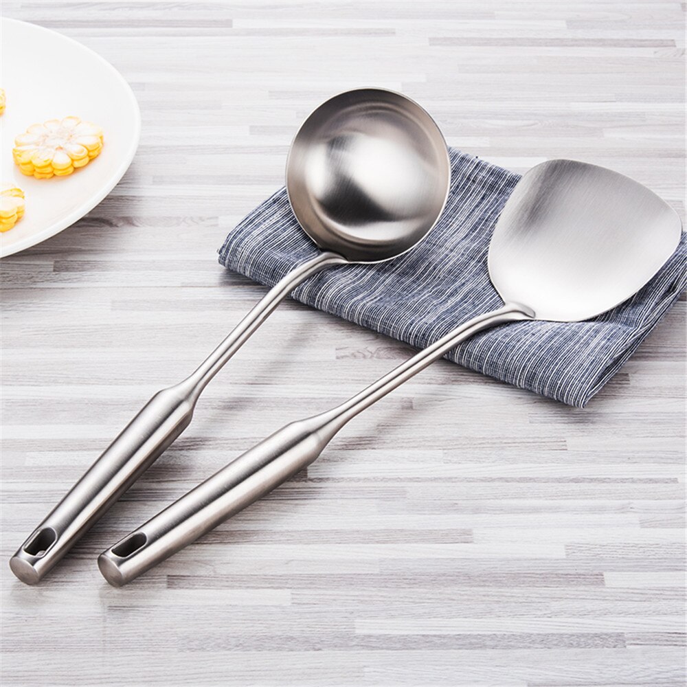Stainless Steel Spatula Soup Spoon Set Heat-resistant Non-stick Cooking Tool Long Handle Kitchen Tool Accessories 2 Pcs/Set