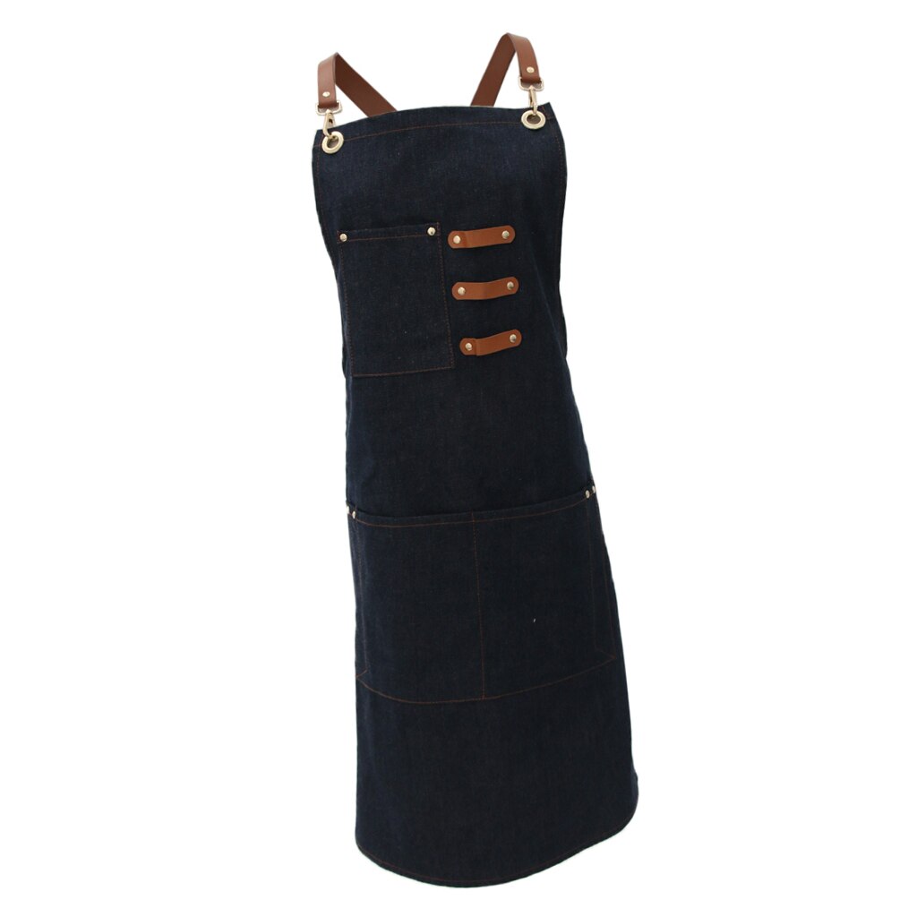 Leather Strap Denim Bib Apron BBQ Baker Bartender Barista Chef Work Uniform