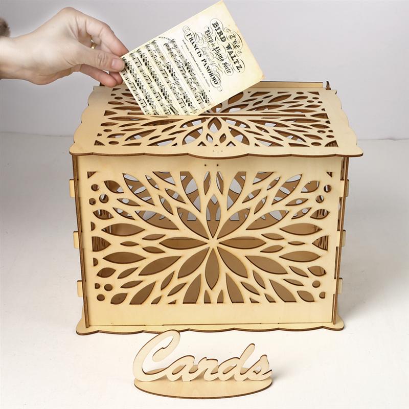 Wooden Wedding Storage Box DIY Wedding Supplies Flower Card Box for Wedding Party (1 Key + 12 Rubber Rings, Large Size)
