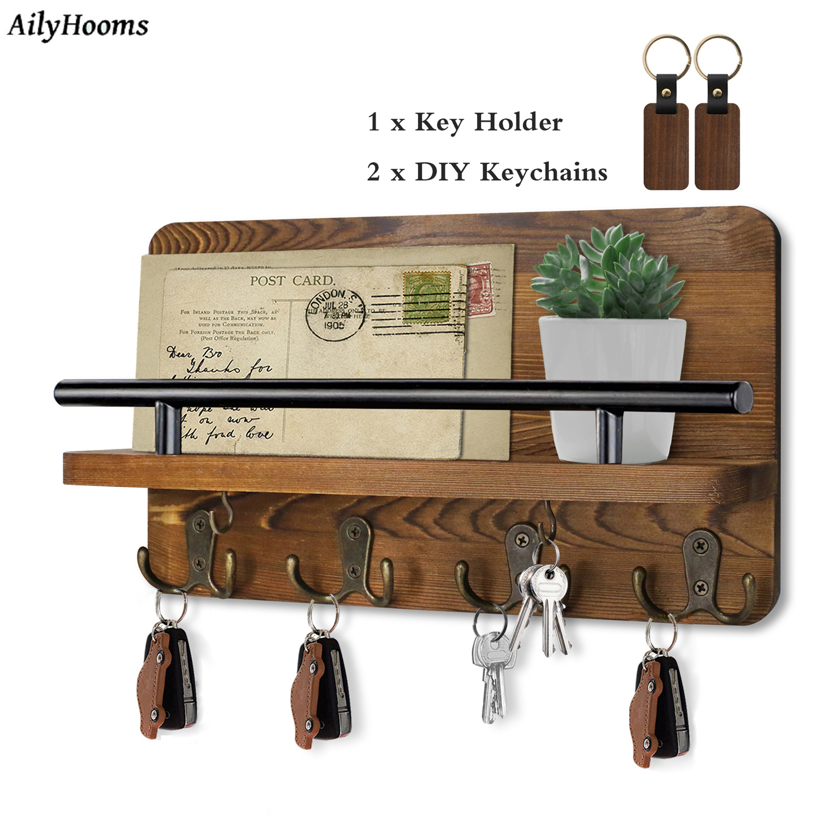 Key Holder Wall Mounted Mail Holder with 10 Hooks and 2 Wooden DIY Keychains Wooden Decorative Key Hanging Rack Mail: Brown with keychain