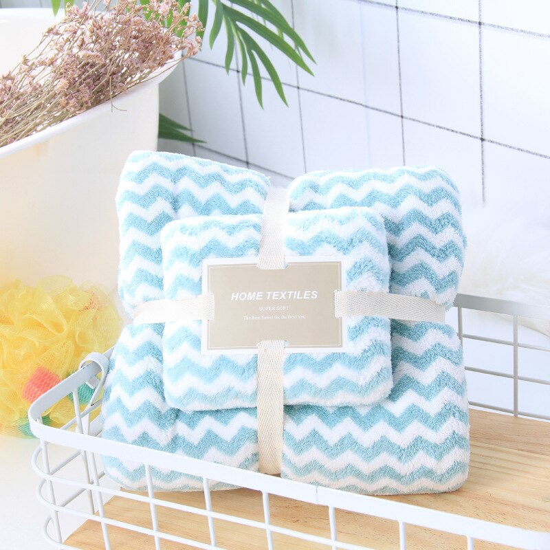 2pcs/set Bath Towel Set Coral Fleece Large Thick Bath Towel Bathroom Hand Face Shower Towels Home for Adults Kids Wave: green