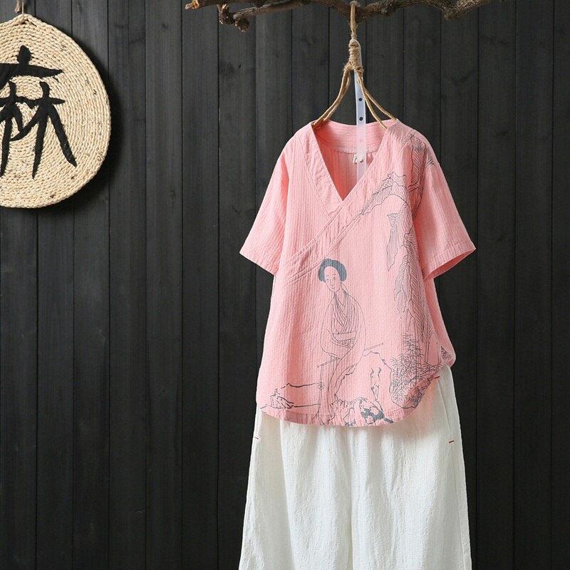 Katoen Linnen Chinese Zomer Blouses Zomer Shirt Korte Mouw Oosterse Cheongsam Tops Traditionele Chinese Kleding 10382: 2