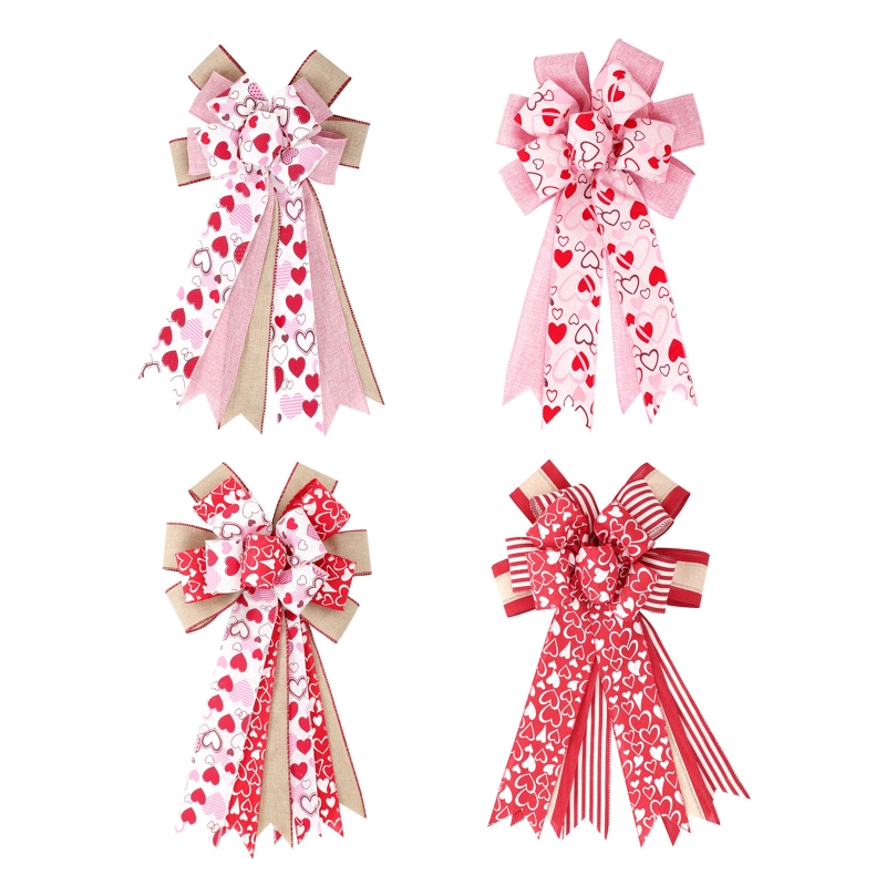 Q0KF Heart Printed Bow Pink DIY Valentine's Day Bows Decoration for Shop Garden Party