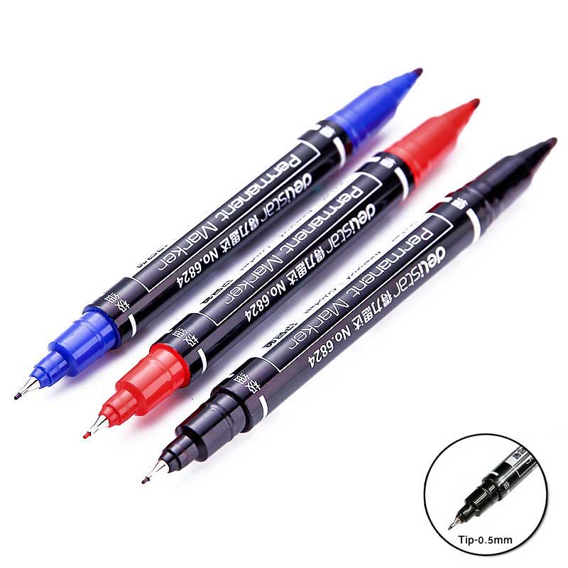 3 unids/set marcador permanente de doble punta negro/azul/rojo rotulador de punta fina impermeable para escuela suministros de oficina papelería para estudiantes