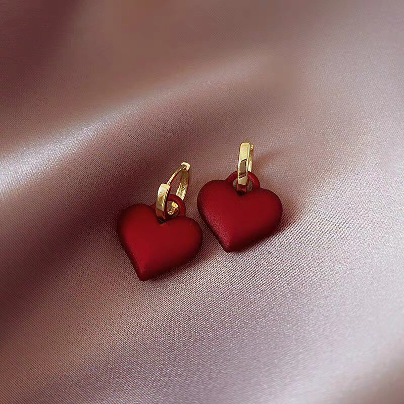 LATS 2022 Premium Frosted Matte Red Heart Dorp Earring Korean Earrings for Woman Party Sweet Jewelry