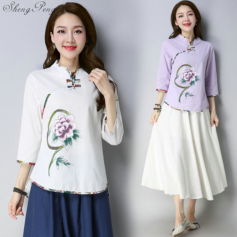 Traditional chinese blouse shirt tops for women mandarin collar oriental linen shirt blouse female winter cheongsam top Q732