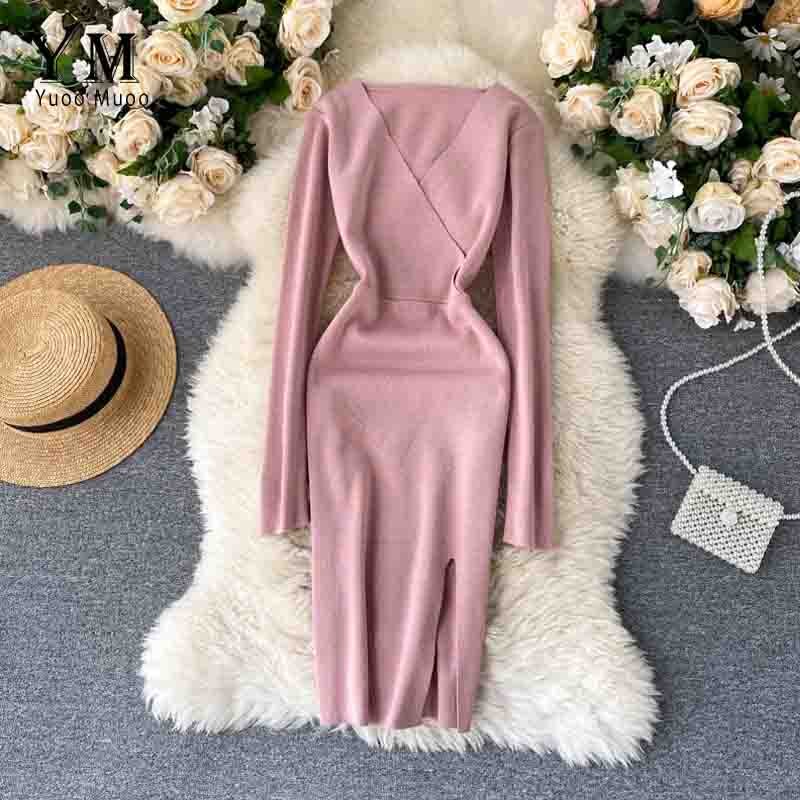 Yuoomuoo Gebreide Jurk Vrouwen Herfst Winter Eenvoudige V-hals Split Bodycon Jurk Elegante Knielange Werk Jurk Dames Jurk Vestido: Roze