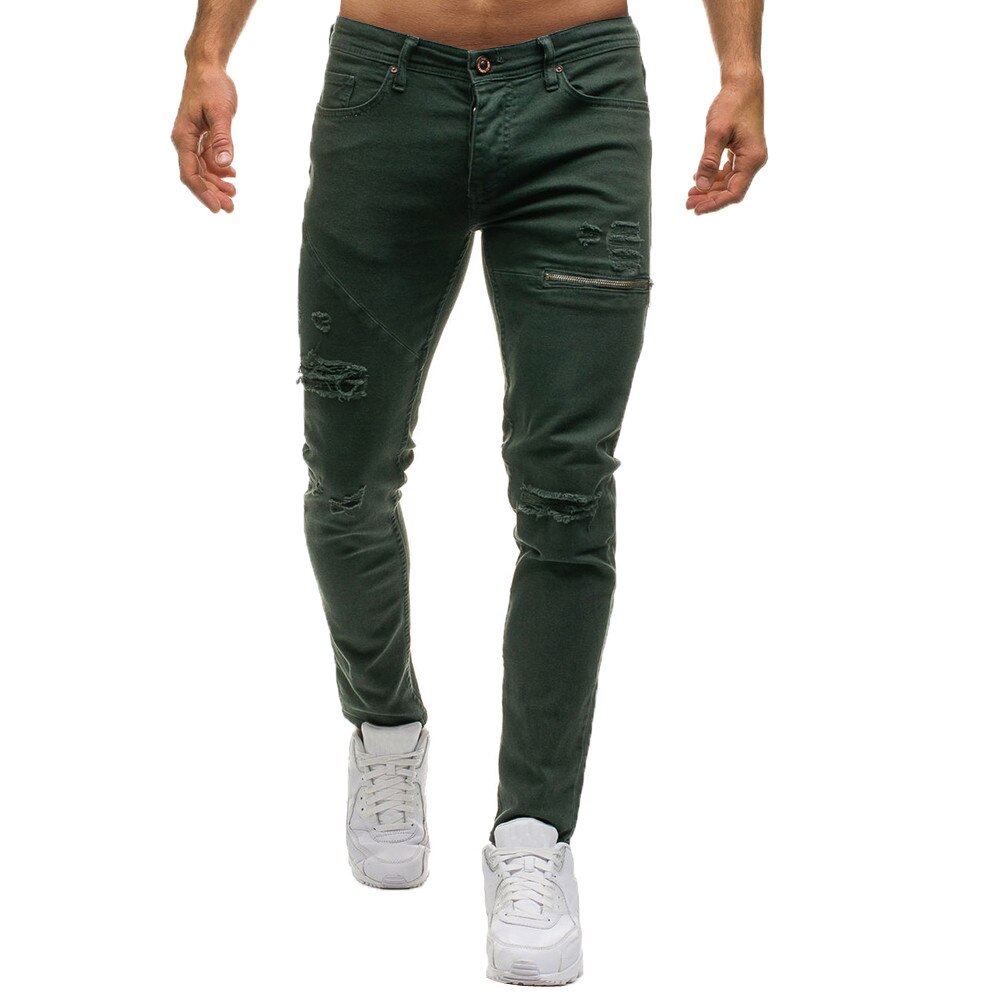 DOUDOULU Men's Casual Skinny Denim Stylish Zipper Jeans Casual Holes Denim Pants harem pants jogger sweatpants hombres #SS: Green / L