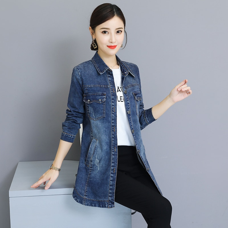 Kvinder lang denim jakke forår efterår plus størrelse 3xl løse fuld ærmer blå toppe kvindelige casual piger outwear  c80612l
