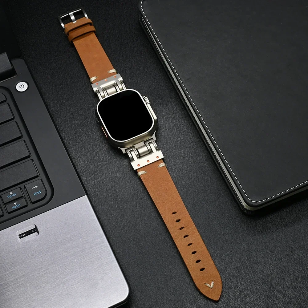 Bracelet de sport en cuir pour Apple Watch, Titanium Document Men Strap, IWatch Series 9 8 7 6 5 4 Se Ultra 2 Correa, 49mm, 45mm, 44mm, 42mm: Violet Vert