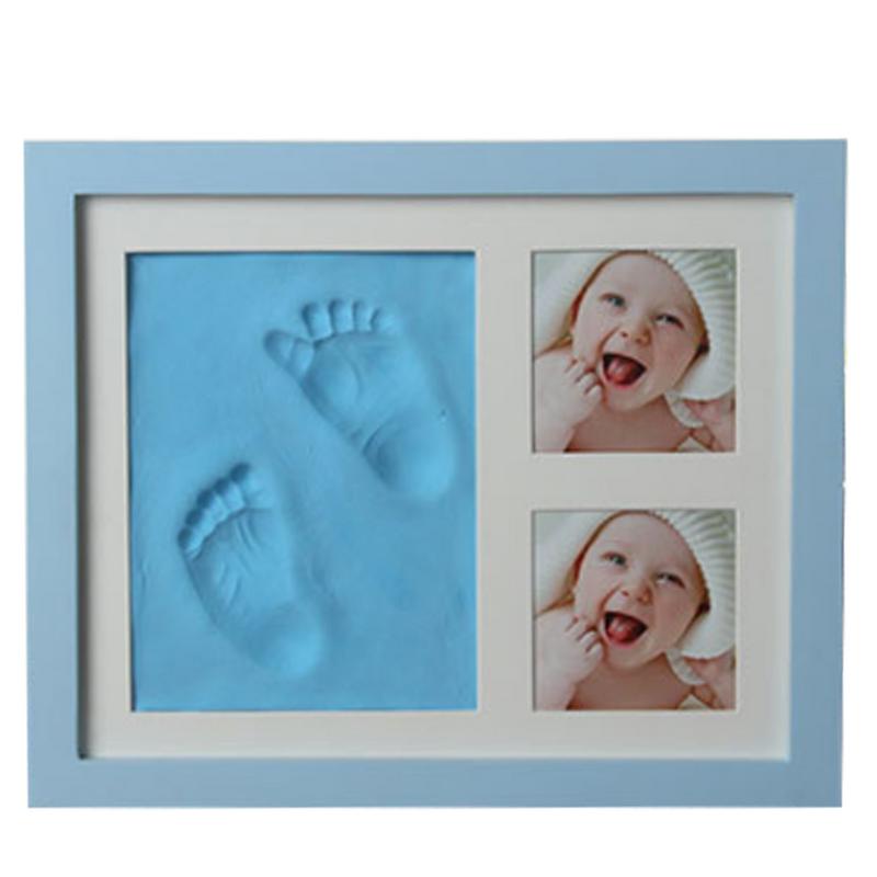 Baby Hand & Voet Print Handen En Voeten Mold Maker Massief Houten Fotolijst Met Cover Vingerafdruk Modder Set Baby groei Memorial: Blue