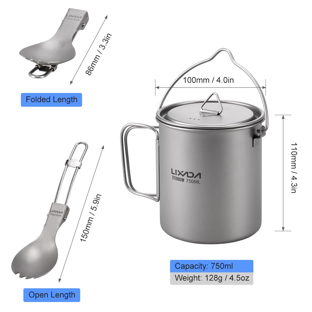 Lightweight Titanium Pot with Folding Spork Outdoor Cooking Pot Camping Cup Mug for Outdoor Camping Hiking Backpacking Picnic