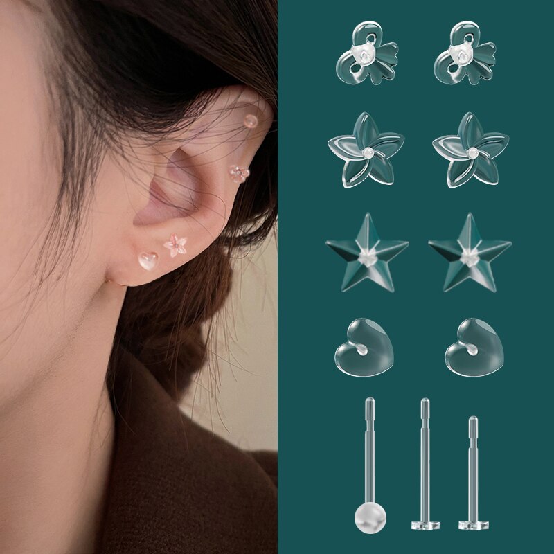 Ensemble de boucles d&#39;oreilles en résine Invisible hypoallergénique pour femmes et filles, bijoux de Protection des oreilles en plastique Transparent, broches de Piercing