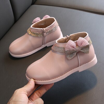Kinderen Schoenen PU Leer Platte Laarzen Boog Knoop Kids Meisjes Prinses Enkel Zip Laarzen Casual Meisje Peuter Lederen Korte Laarzen schoenen: Roze / 7