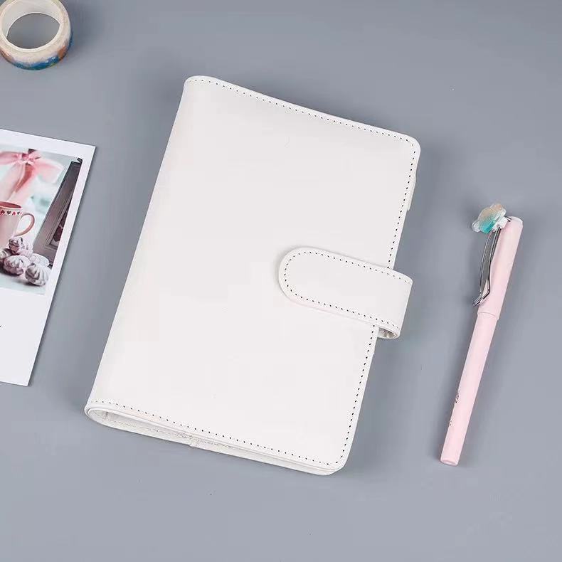 A6 Leather Notebook Binder with Plastic Binder Pockets, Refillable 6 Round Ring A6 Personal Planner Binder Cover with Stickers: white