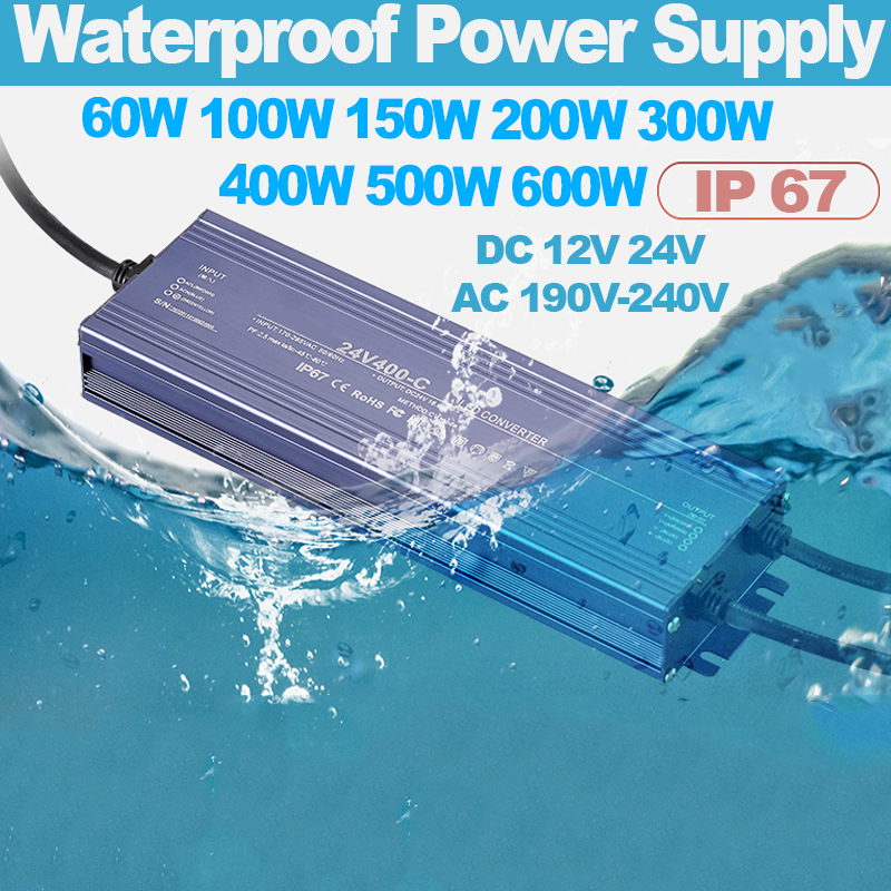 Controlador LED fuente de alimentación impermeable IP67 IP68 transformador de iluminación AC190V ~ 240V a DC 12V 24V 10W 20W 30W 50W 100W adaptador para exteriores