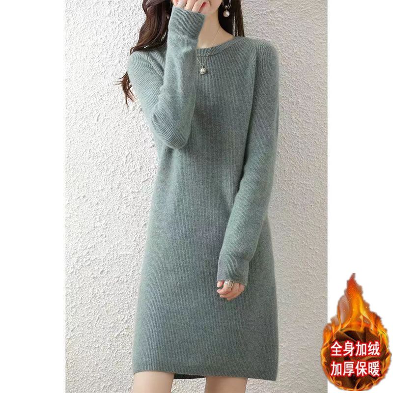 Herfst Winter Dames O-Hals Effen Kleur Breien Jurk Dames Losse Casual Toevoegen Fluwelen Bodemgewaad Femme Vestidos De Fiesta: L / Army Green