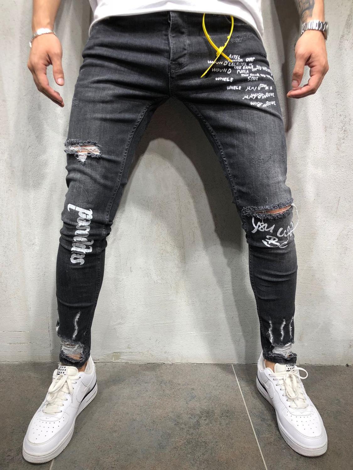 Hip-hop Men's Printed Letter Hole Jeans jeans